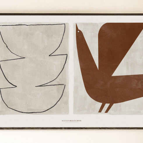 Toile murale 100 x 70 cm – Duo d'illustrations abstraites, traits noirs & peinture terracotta sur fond grège - Maison Baluchon