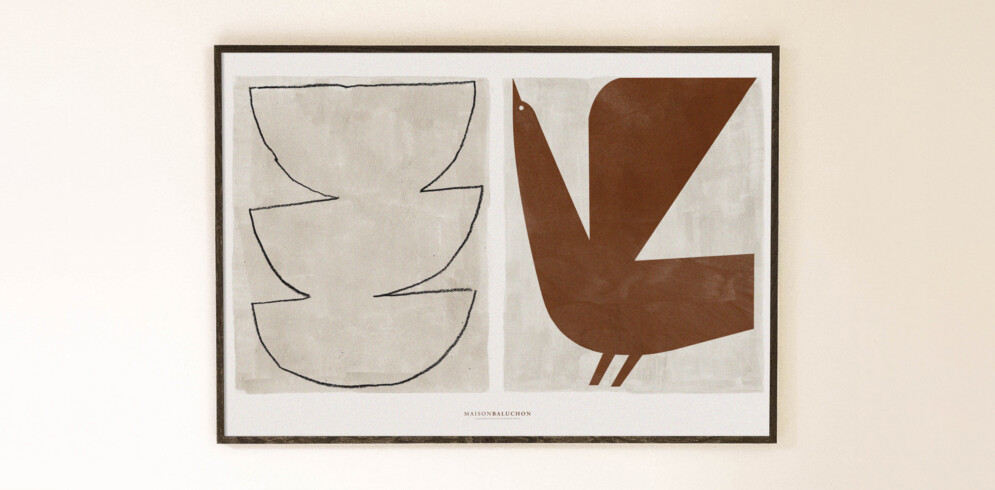 Toile murale 100 x 70 cm – Duo d'illustrations abstraites, traits noirs & peinture terracotta sur fond grège - Maison Baluchon