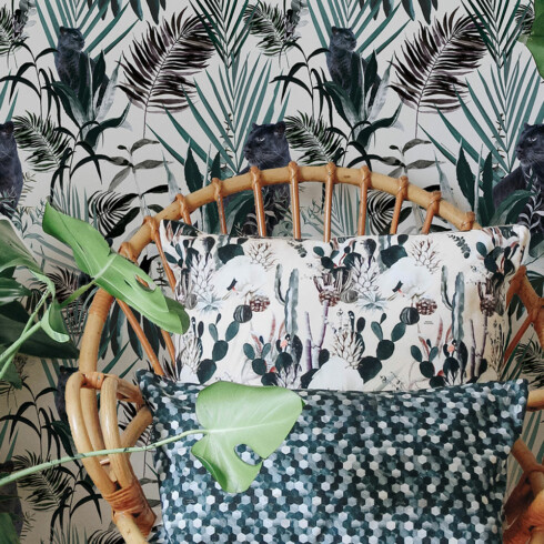 Maison Baluchon - Interior Design - Cushion & wallpaper pattern Jungle N°18