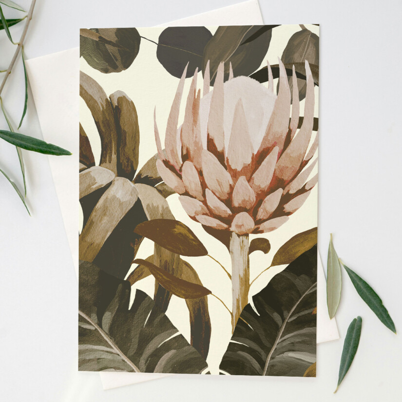 Échantillon papier peint haut de gamme avec fleur de protéa et végétation - Maison Baluchon