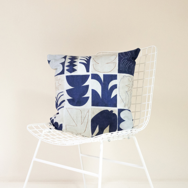 Square cotton cushion cover, modernist design, klein blue