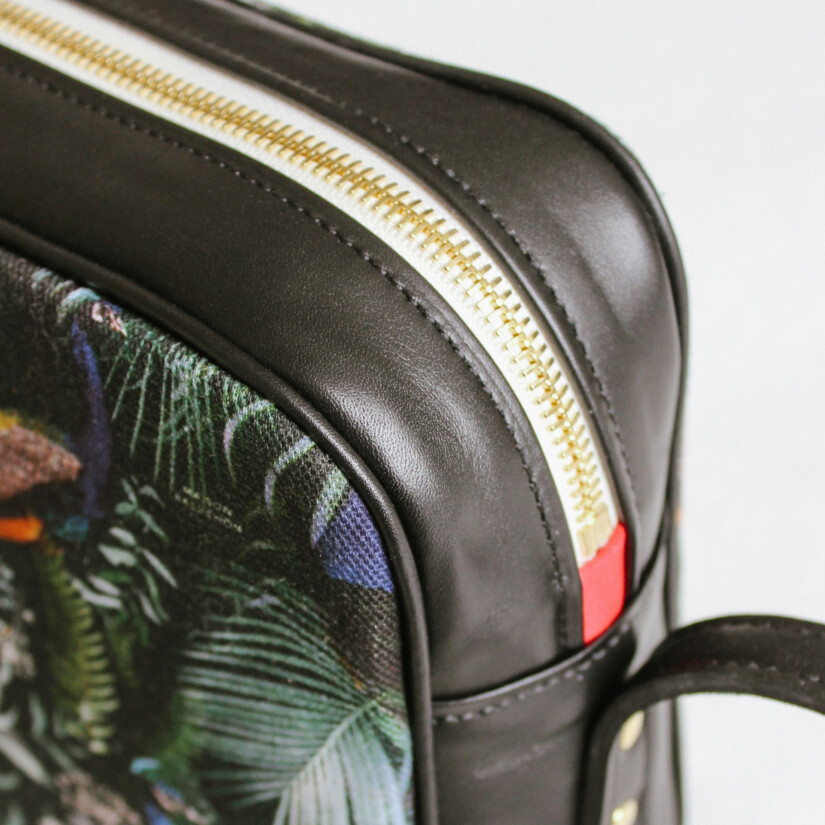Maison Baluchon - Bi-material crossbody handbag - Canvas fabric with Jungle N°17 motif & dark navy leather