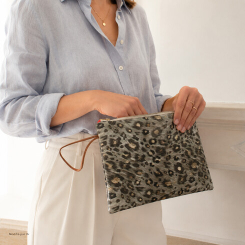 Grande pochette zippée imprimé léopard beige - Maison Baluchon
