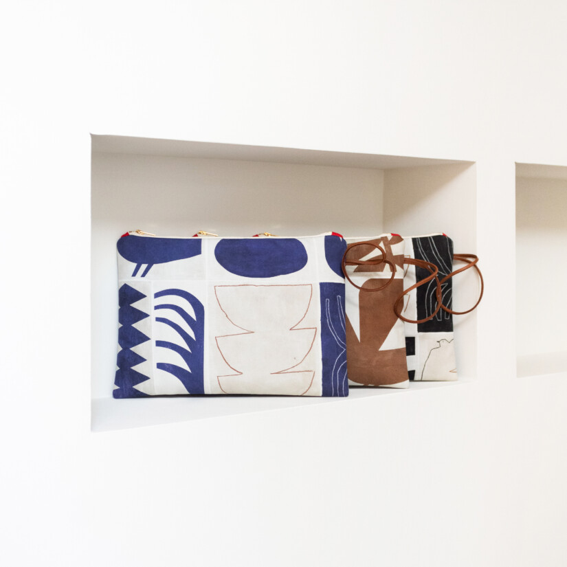 3 colour variations for our large Moderniste N°01 motif pouches : klein blue, black or terracotta - Maison Baluchon