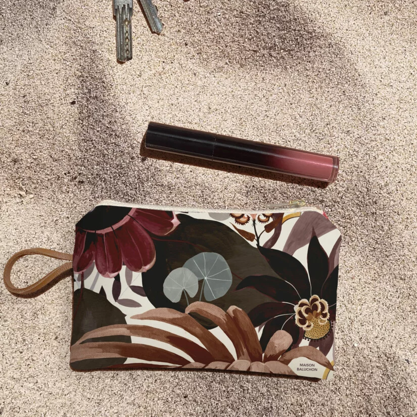 Mini zipped pouch - Inde N°03 pattern - Vegetable and animal print in pink tones
