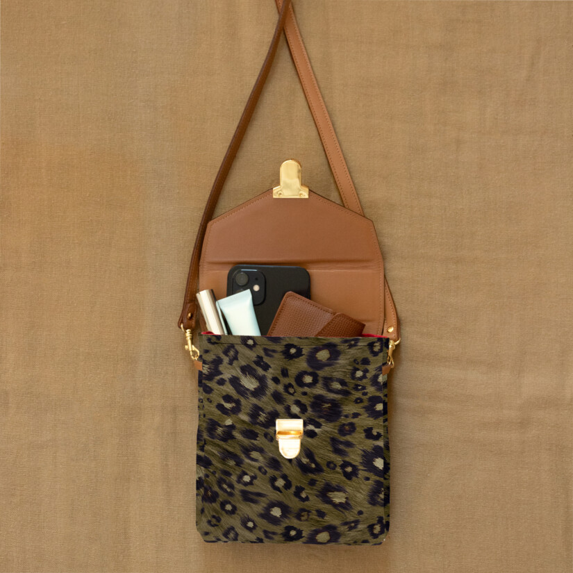Mini satchel bag for women in camel leather and khaki leopard print fabric - Maison Baluchon
