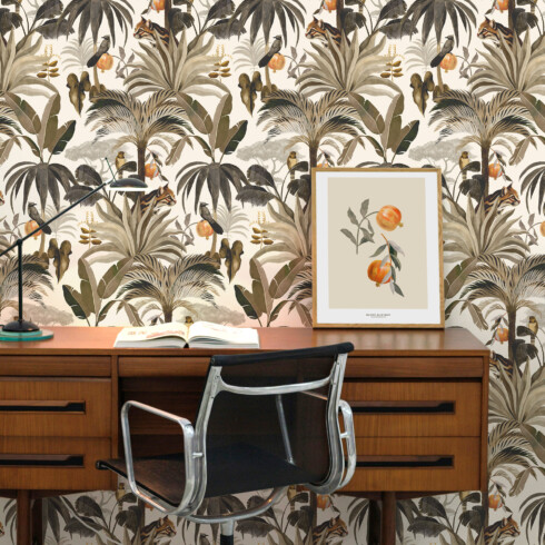 Papier peint pour bureau motif végétal Tropical N°17 écru - Maison Baluchon