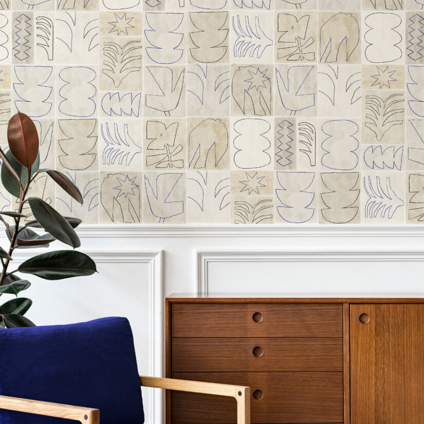 Premium patchwork print wallpaper with chalk-drawn graphic shapes