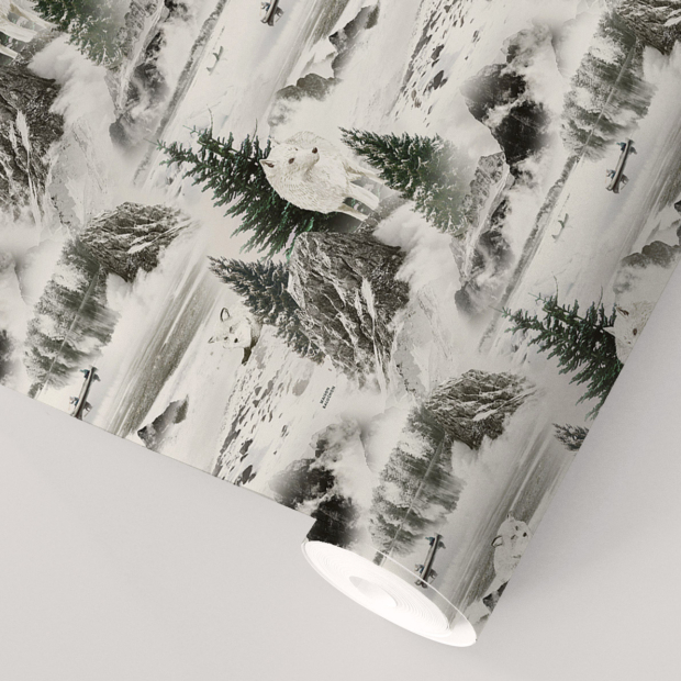 Maison Baluchon - Papier peint intissé - Motif composé de loups, montagnes et paysage hivernal