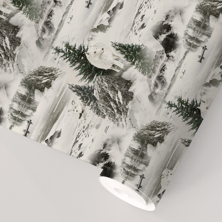 Papier peint intissé – Motif composé de loups, montagnes et paysage hivernal Papier peint intissé - Motif composé de loups, montagnes et paysage hivernal