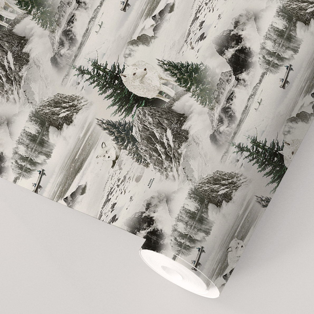 Papier peint intissé - Motif composé de loups, montagnes et paysage hivernal