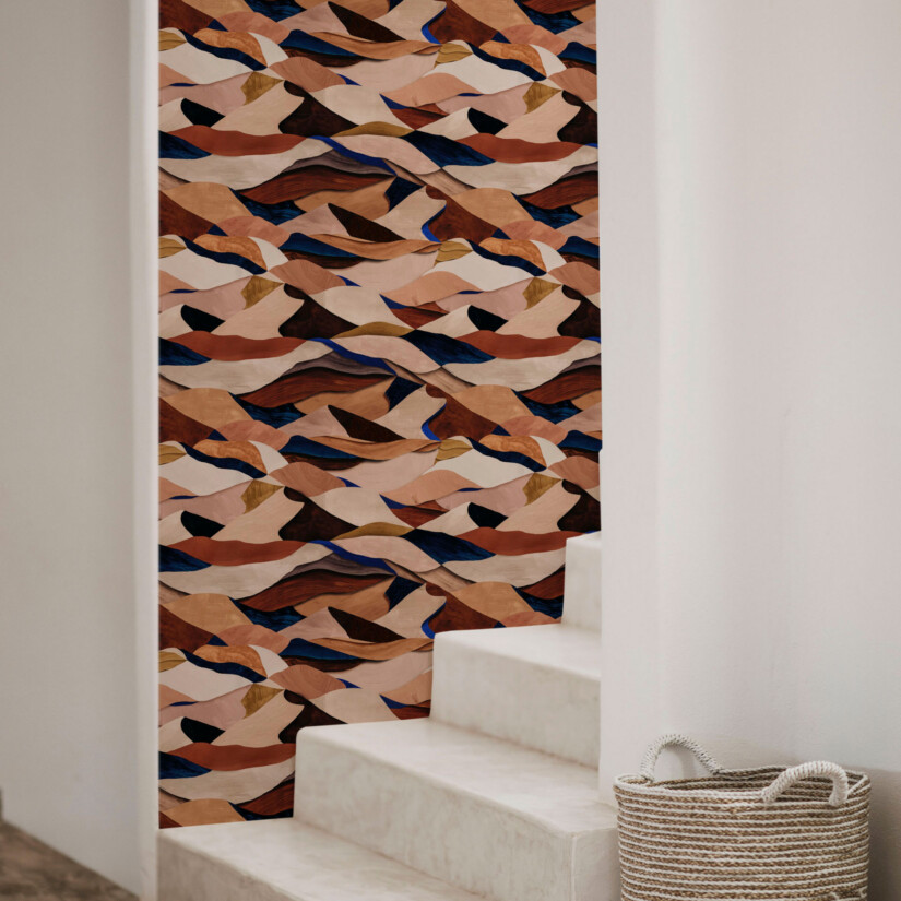 Maison Baluchon - Non-woven wallpaper - Graphique N°13 - Dunes terracotta and blue