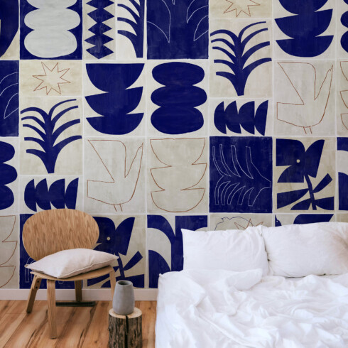 Papier peint haut de gamme motif exclusif bleu klein avec formes abstraites - Maison Baluchon