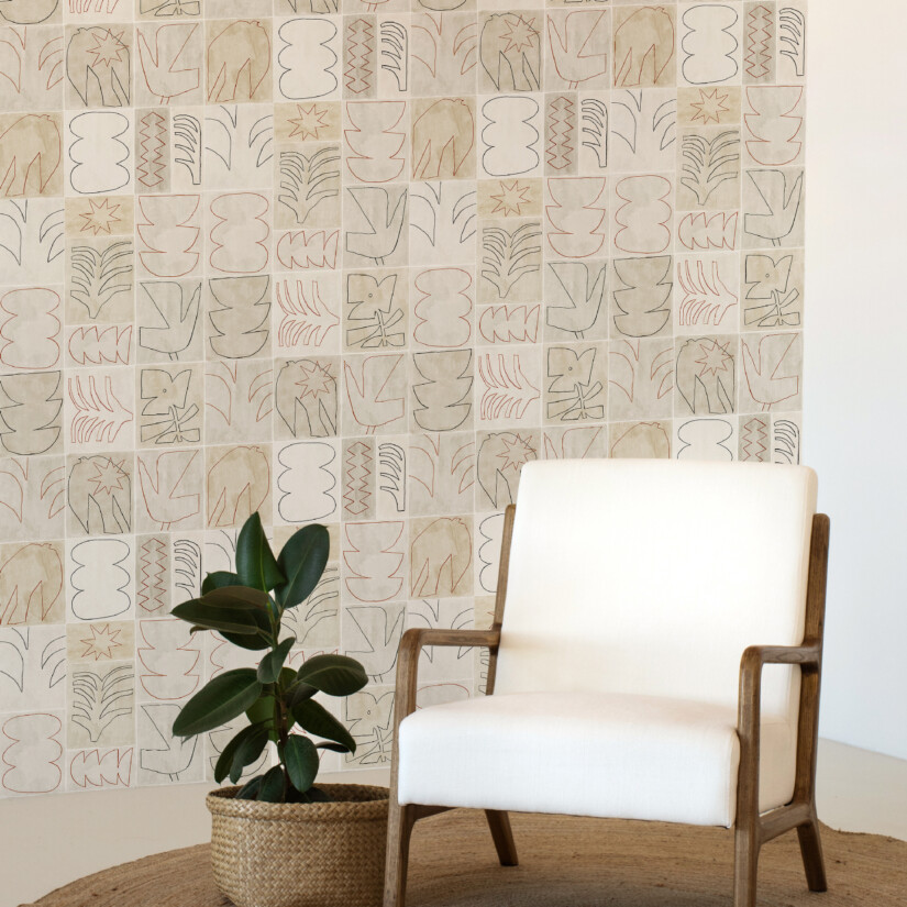 Modernist-inspired graphic wallcovering with abstract shapes