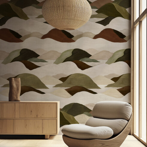 Panoramic hilly landscape wallpaper in natural colors - Maison Baluchon