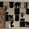 Graphic panoramic wallpaper with black abstract designs and terracotta chalk lines - Maison Baluchon