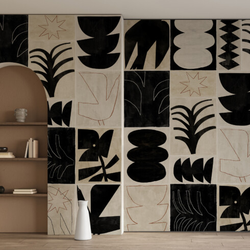 Papier peint panoramique graphique avec dessins abstrais noirs et traits à la craie terracotta - Maison Baluchon