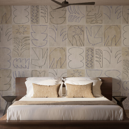Papier peint haut de gamme pour chambre, motif Moderniste N°02 Bleu avec formes graphiques - Maison Baluchon