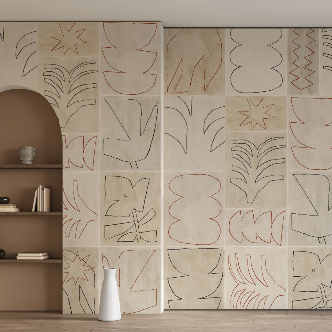 Papier peint panoramique avec patchwork de motif et formes graphique noires & terracotta - Maison Baluchon