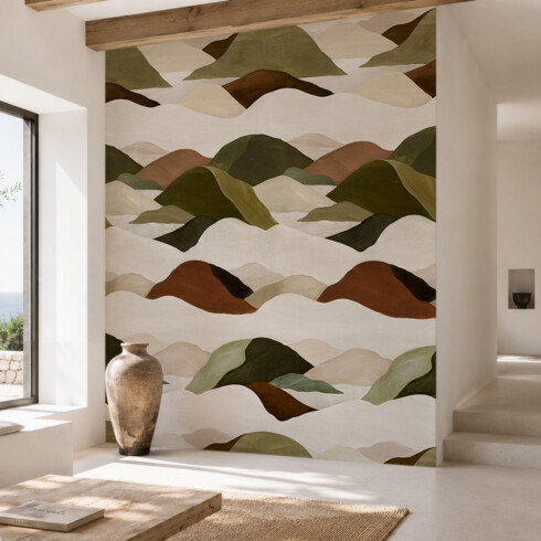 Papier peint panoramique pour pièce de vie, motif graphique vert, greige - Maison Baluchon