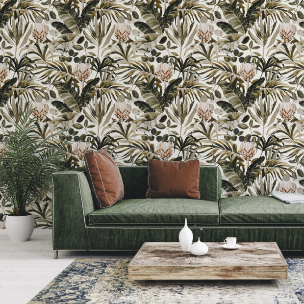 Non-woven wallpaper - Tropical N°14 - Pattern inspired by the plant world, composed of protea flowers
