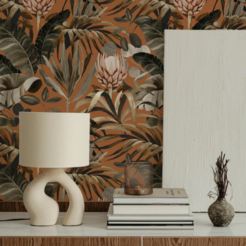 Papier peint haut de gamme au motif Tropical N°16 avec fond terracotta
