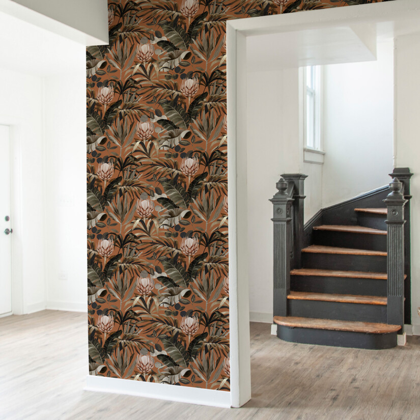 Maison Baluchon - Papier peint fond terracotta Tropical N°16, tapisserie haut de gamme & facile à posé