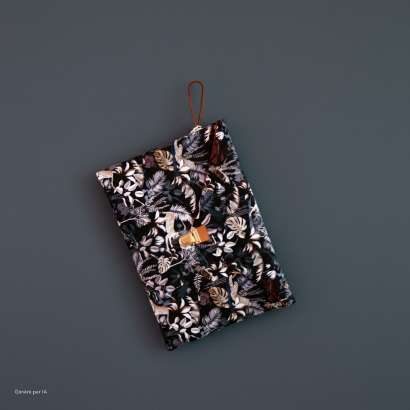 Pochette laptop à offrir ou à s’offrir, au motif unique Jungle N°19 mêlant animaux sauvages et végétation – Maison Baluchon