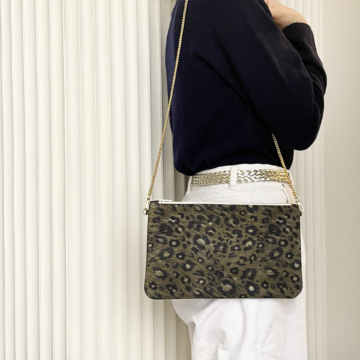 Trendy evening clutch bag with leopard print, khaki