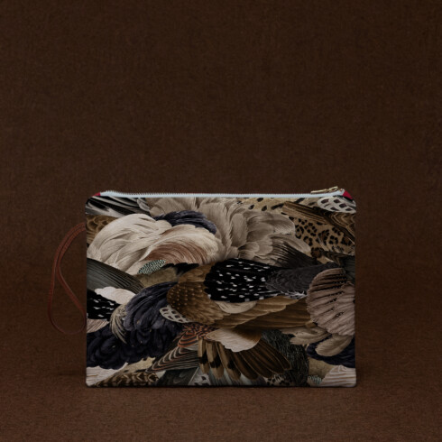 Précommandes de Noël - Grande pochette imprimé animal avec diverses plumes d'oiseaux multicolores - Maison Baluchon