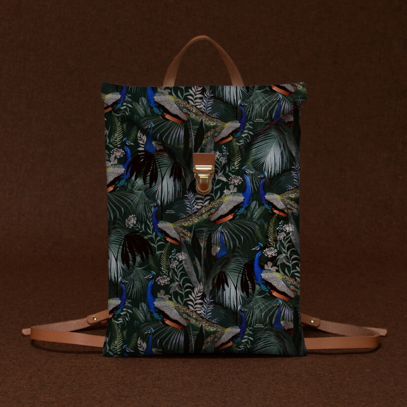 Animal and plant motif backpack, green and blue - Maison Baluchon