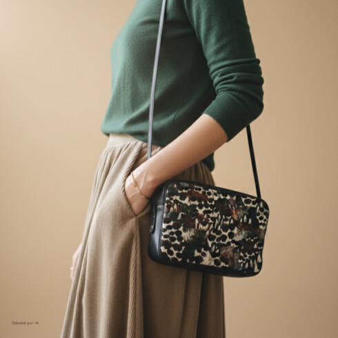 Idée cadeau de Noël : sac bandoulière au motif sauvage de plumes d’oiseaux, associé à un cuir lisse bleu marine – Maison Baluchon