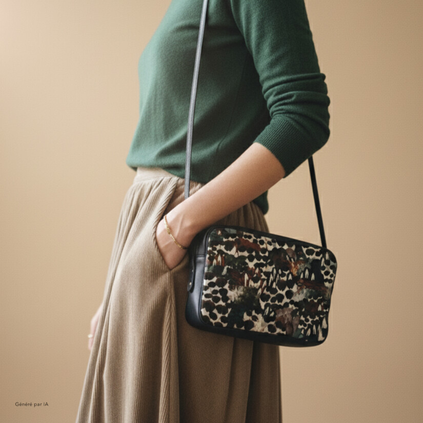 Idée cadeau de Noël : sac bandoulière au motif sauvage de plumes d’oiseaux, associé à un cuir lisse bleu marine – Maison Baluchon