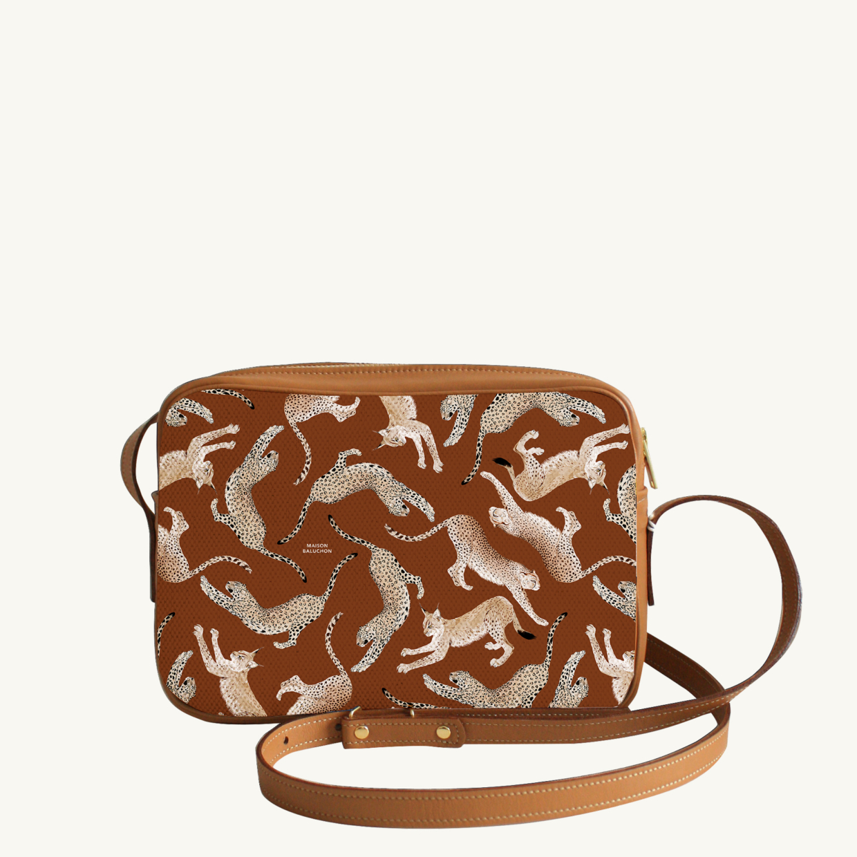 Crossbody bi-material bag Félin N°02 - Camel leather
