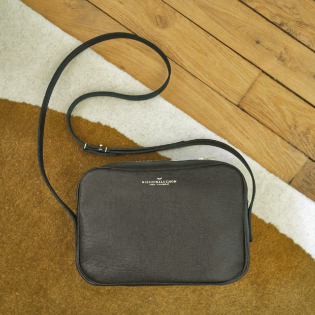 Black leather crossbody handbag made in France