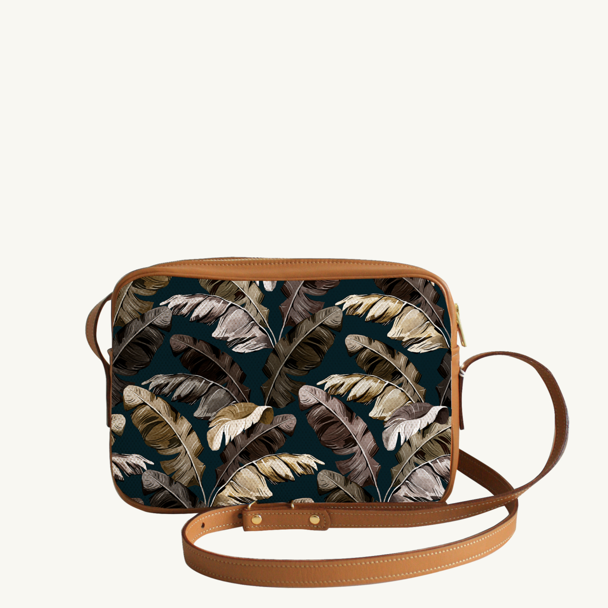 Crossbody bi-material bag Tropical N°13 - Camel leather