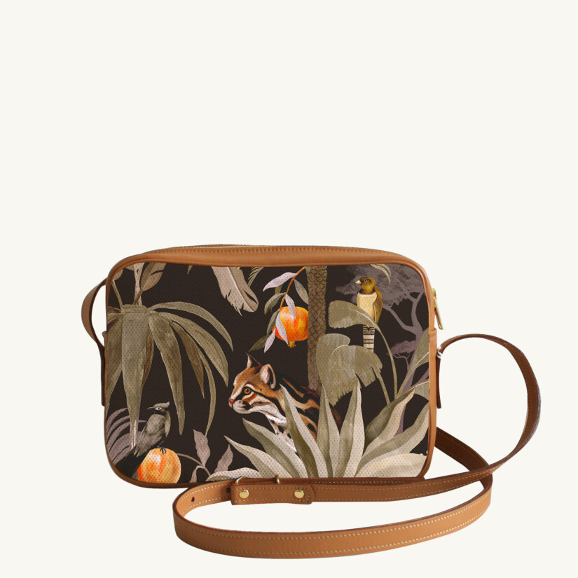 Crossbody bi-material bag Tropical N°17 Bronze - Camel leather custom-made by Maison Baluchon