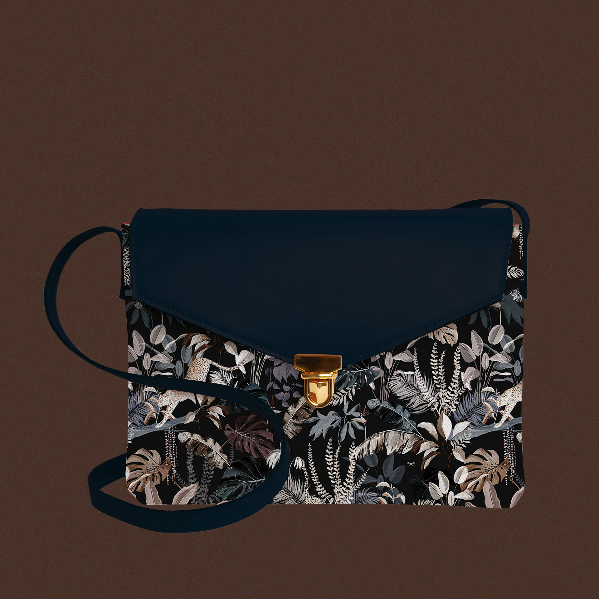 Maison Baluchon - Sac sacoche imprimé Jungle N°22 en Cuir Marine foncé à offrir pour Noël