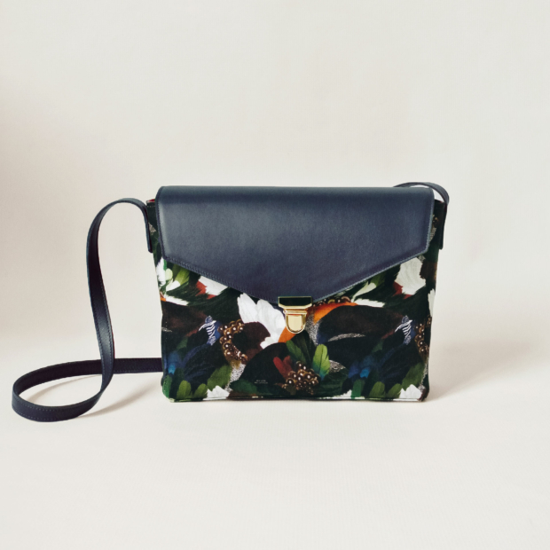 Bag with Sauvage N°18 pattern and dark blue leather