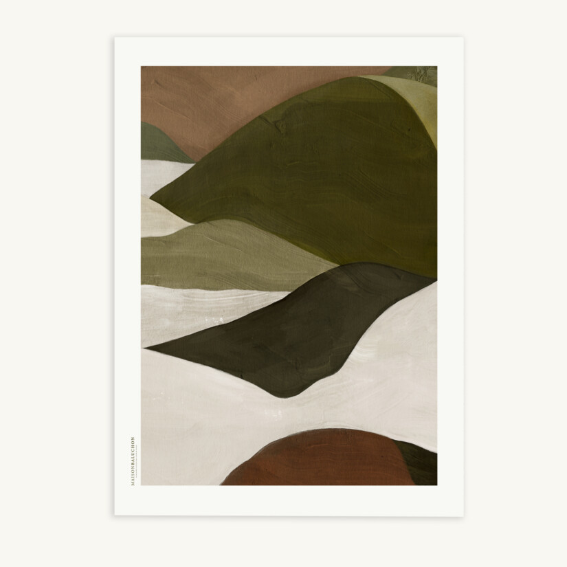 Affiche murale motif graphique avec paysages collines vertes brunes beiges - Maison Baluchon
